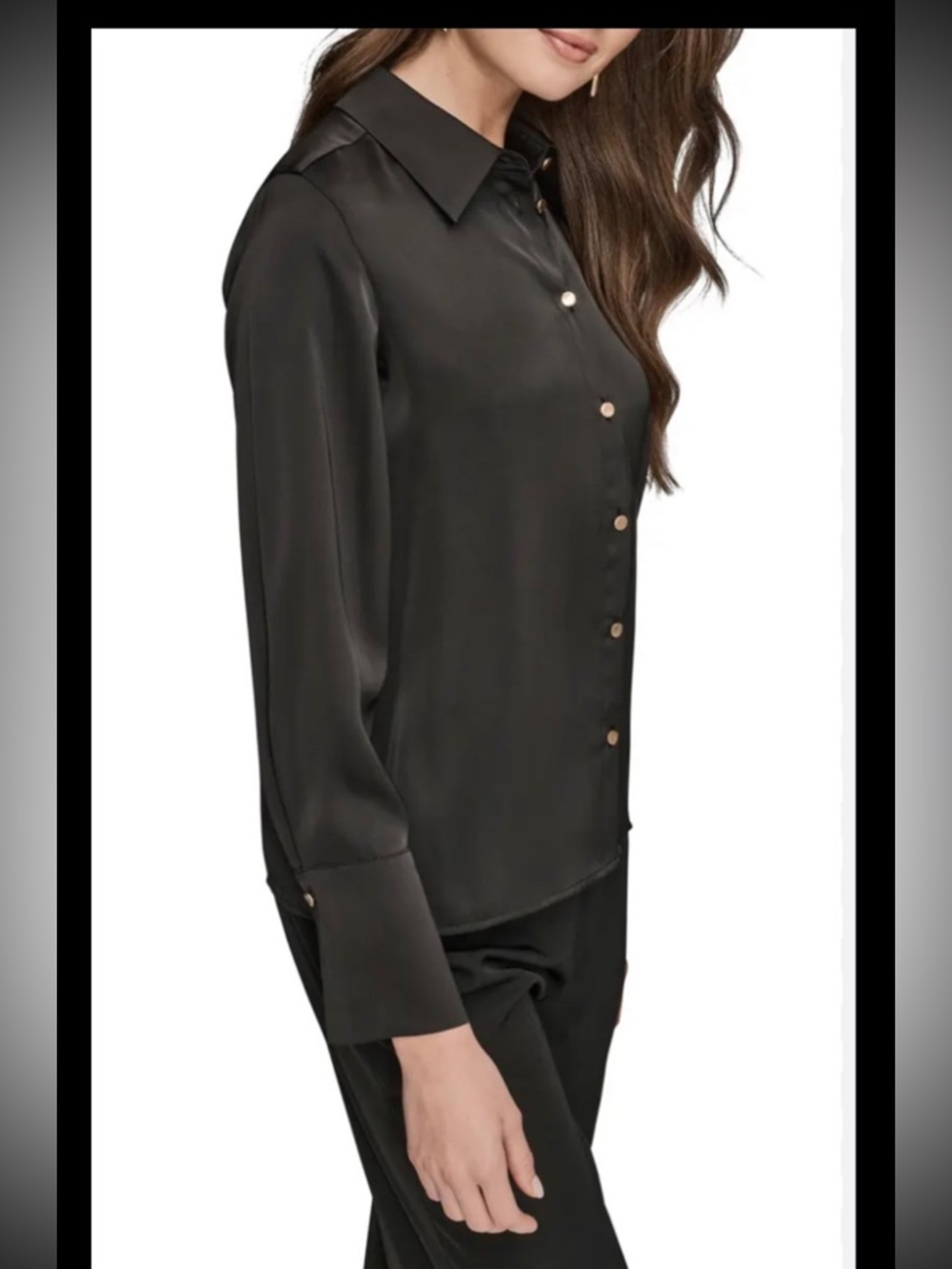 NWT Anne Klein Satin Finish Shirt Top Sz S Black Gold Tone Button Front Career